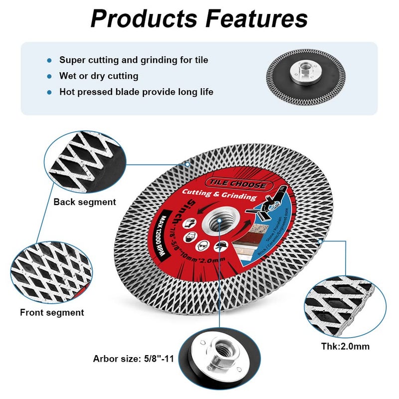 DAPRO 5" Tile Turbo Saw Blade Diamond Blade with 5/8"-11 Arbor for Cutting and Grinding Porcelain Tile Granite Marble… - Image 4